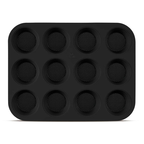 Product image of 12cups muffin pan. Part of the Matte Black Collection/Black Rose Collection . Features: • Material: carbon steel with titanPro non-stick coating • Size: 35*26,5*3 cm • Color: matt black. (Studio view). Official Berlinger Haus product, boosted by Promintra sl.