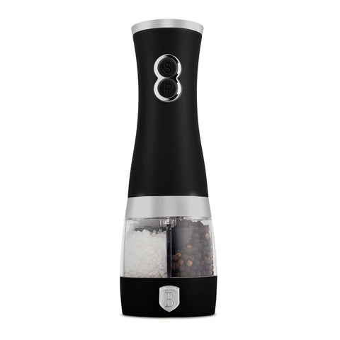Product image of 2in1 electric pepper and salt mill. Part of the Black Vantage Collection/Matte Black Collection/Black Silver Collection . Features: • Material: stainless steel with CERAMIC grinder • Batteries: 4 pcs AA (not inc.) • Color: matt black. (Conceptual view). Official Berlinger Haus product, boosted by Promintra sl.