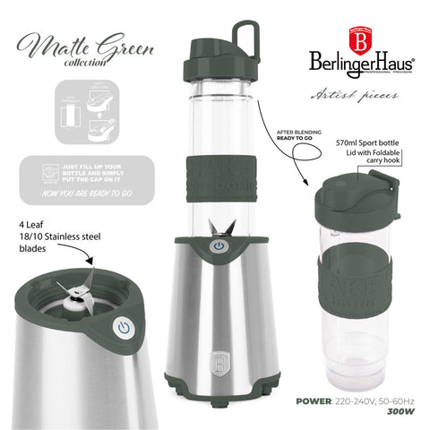 Product image of Smoothie maker. Part of the Matte Green Collection . Features: • Material: stainless steel, plastic • Power: 300 W • 220-240 V 50/60 Hz • Takeaway jar with lid: 570 ml • Color: stainless steel- matt green. (Studio view). Official Berlinger Haus product, boosted by Promintra sl.