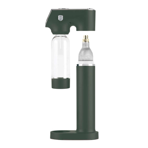Product image of Soda maker with 2bottles and barometer universal CO2cylinders size. Part of the Matte Green Collection . Features: • Material: stainless steel, pp • Size: 43,5*22*12 cm • 2 pcs pp bottle with cup: 1,0L and 0,5L • Universal, standard CO2 cylinders size (not inclu.... (Studio view). Official Berlinger Haus product, boosted by Promintra sl.