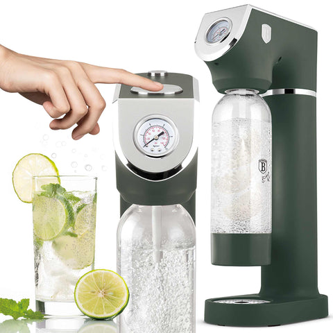 Product image of Soda maker with 2bottles and barometer universal CO2cylinders size. Part of the Matte Green Collection . Features: • Material: stainless steel, pp • Size: 43,5*22*12 cm • 2 pcs pp bottle with cup: 1,0L and 0,5L • Universal, standard CO2 cylinders size (not inclu.... (Studio view). Official Berlinger Haus product, boosted by Promintra sl.