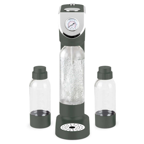 Product image of Soda maker with 2bottles and barometer universal CO2cylinders size. Part of the Matte Green Collection . Features: • Material: stainless steel, pp • Size: 43,5*22*12 cm • 2 pcs pp bottle with cup: 1,0L and 0,5L • Universal, standard CO2 cylinders size (not inclu.... (Studio view). Official Berlinger Haus product, boosted by Promintra sl.