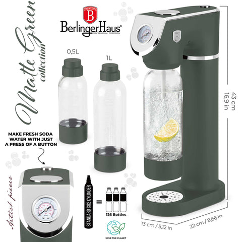 Product image of Soda maker with 2bottles and barometer universal CO2cylinders size. Part of the Matte Green Collection . Features: • Material: stainless steel, pp • Size: 43,5*22*12 cm • 2 pcs pp bottle with cup: 1,0L and 0,5L • Universal, standard CO2 cylinders size (not inclu.... (Studio view). Official Berlinger Haus product, boosted by Promintra sl.