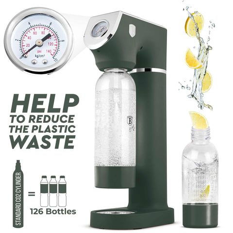 Product image of Soda maker with 2bottles and barometer universal CO2cylinders size. Part of the Matte Green Collection . Features: • Material: stainless steel, pp • Size: 43,5*22*12 cm • 2 pcs pp bottle with cup: 1,0L and 0,5L • Universal, standard CO2 cylinders size (not inclu.... (Studio view). Official Berlinger Haus product, boosted by Promintra sl.