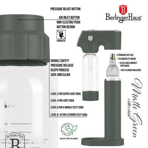 Product image of Soda maker with 2bottles and barometer universal CO2cylinders size. Part of the Matte Green Collection . Features: • Material: stainless steel, pp • Size: 43,5*22*12 cm • 2 pcs pp bottle with cup: 1,0L and 0,5L • Universal, standard CO2 cylinders size (not inclu.... (Studio view). Official Berlinger Haus product, boosted by Promintra sl.