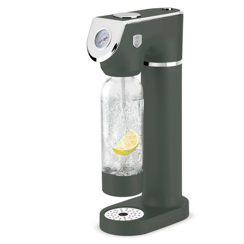 Product image of Soda maker with 2bottles and barometer universal CO2cylinders size. Part of the Matte Green Collection . Features: • Material: stainless steel, pp • Size: 43,5*22*12 cm • 2 pcs pp bottle with cup: 1,0L and 0,5L • Universal, standard CO2 cylinders size (not inclu.... (Studio view). Official Berlinger Haus product, boosted by Promintra sl.
