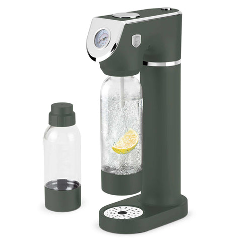 Product image of Soda maker with 2bottles and barometer universal CO2cylinders size. Part of the Matte Green Collection . Features: • Material: stainless steel, pp • Size: 43,5*22*12 cm • 2 pcs pp bottle with cup: 1,0L and 0,5L • Universal, standard CO2 cylinders size (not inclu.... (Studio view). Official Berlinger Haus product, boosted by Promintra sl.