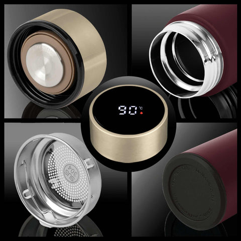 Product image of Drinking bottle with LED temperature display 0,5L. Part of the Leonardo Collection . Features: • Material: inner body 18/10 stainless steel with matt powder coating • Capacity: 0,5 L • 18/10 stainless steel purifying filter • Color: matt bord.... (Studio view). Official Berlinger Haus product, boosted by Promintra sl.