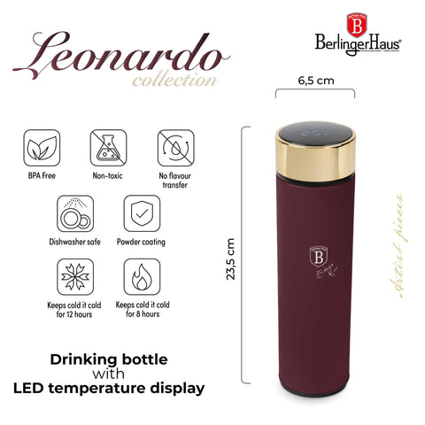 Product image of Drinking bottle with LED temperature display 0,5L. Part of the Leonardo Collection . Features: • Material: inner body 18/10 stainless steel with matt powder coating • Capacity: 0,5 L • 18/10 stainless steel purifying filter • Color: matt bord.... (Studio view). Official Berlinger Haus product, boosted by Promintra sl.