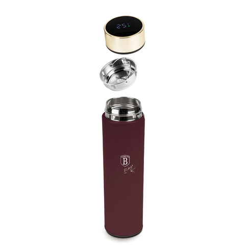 Product image of Drinking bottle with LED temperature display 0,5L. Part of the Leonardo Collection . Features: • Material: inner body 18/10 stainless steel with matt powder coating • Capacity: 0,5 L • 18/10 stainless steel purifying filter • Color: matt bord.... (Studio view). Official Berlinger Haus product, boosted by Promintra sl.