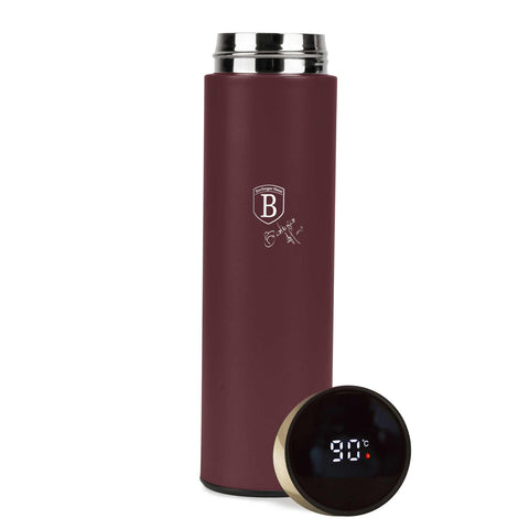 Product image of Drinking bottle with LED temperature display 0,5L. Part of the Leonardo Collection . Features: • Material: inner body 18/10 stainless steel with matt powder coating • Capacity: 0,5 L • 18/10 stainless steel purifying filter • Color: matt bord.... (Studio view). Official Berlinger Haus product, boosted by Promintra sl.