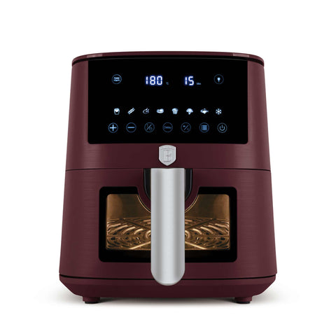 Product image of Air fryer 5L visible window. Part of the Leonardo Collection . Features: • Power: 220-240V ~ 1400W • Temperature control: 40-200℃ • Include: • XL SIZE: food basket with non-stick coating 5L • DIGITAL • Color: matt bordeaux. (Studio view). Official Berlinger Haus product, boosted by Promintra sl.