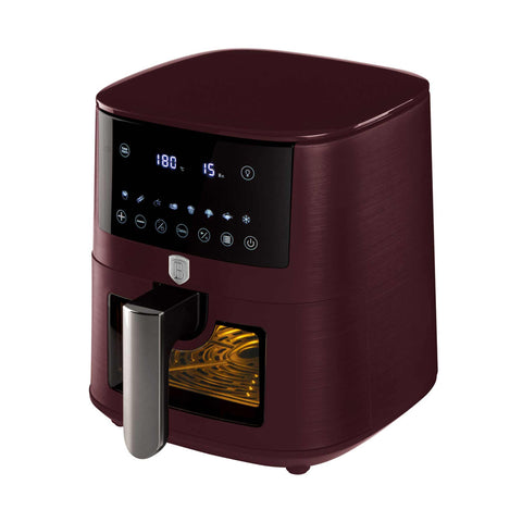 Product image of Air fryer 5L visible window. Part of the Leonardo Collection . Features: • Power: 220-240V ~ 1400W • Temperature control: 40-200℃ • Include: • XL SIZE: food basket with non-stick coating 5L • DIGITAL • Color: matt bordeaux. (Studio view). Official Berlinger Haus product, boosted by Promintra sl.