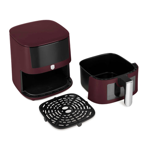 Product image of Air fryer 5L visible window. Part of the Leonardo Collection . Features: • Power: 220-240V ~ 1400W • Temperature control: 40-200℃ • Include: • XL SIZE: food basket with non-stick coating 5L • DIGITAL • Color: matt bordeaux. (Studio view). Official Berlinger Haus product, boosted by Promintra sl.