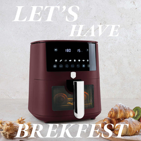 Product image of Air fryer 5L visible window. Part of the Leonardo Collection . Features: • Power: 220-240V ~ 1400W • Temperature control: 40-200℃ • Include: • XL SIZE: food basket with non-stick coating 5L • DIGITAL • Color: matt bordeaux. (Studio view). Official Berlinger Haus product, boosted by Promintra sl.