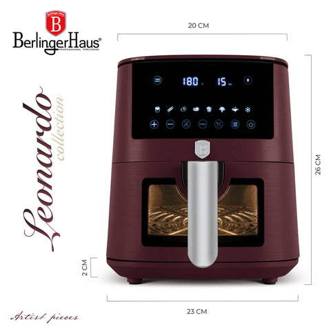 Product image of Air fryer 5L visible window. Part of the Leonardo Collection . Features: • Power: 220-240V ~ 1400W • Temperature control: 40-200℃ • Include: • XL SIZE: food basket with non-stick coating 5L • DIGITAL • Color: matt bordeaux. (Studio view). Official Berlinger Haus product, boosted by Promintra sl.