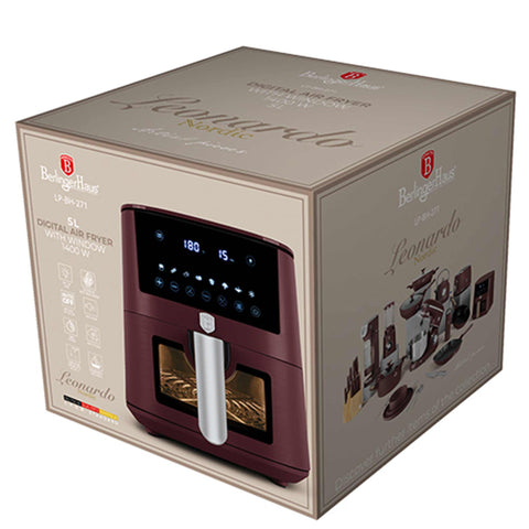 Product image of Air fryer 5L visible window. Part of the Leonardo Collection . Features: • Power: 220-240V ~ 1400W • Temperature control: 40-200℃ • Include: • XL SIZE: food basket with non-stick coating 5L • DIGITAL • Color: matt bordeaux. (Studio view). Official Berlinger Haus product, boosted by Promintra sl.