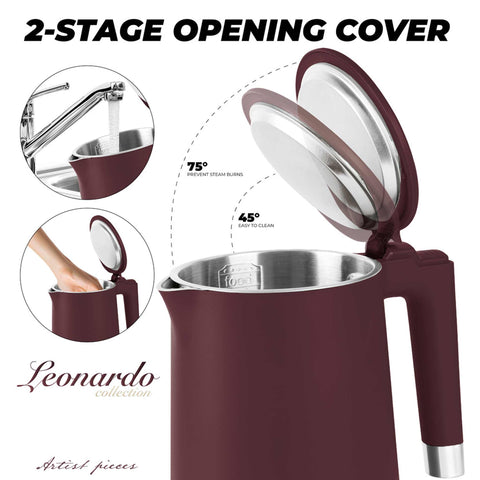 Product image of Double wall kettle. Part of the Leonardo Collection . Features: • Material: 18/10 stainless steel inside, plastic outside • Capacity: 1,7L • Voltage: 220-240V,50/60Hz • Power: 1800 W • Color: matt bordeaux. (Studio view). Official Berlinger Haus product, boosted by Promintra sl.