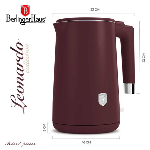 Product image of Double wall kettle. Part of the Leonardo Collection . Features: • Material: 18/10 stainless steel inside, plastic outside • Capacity: 1,7L • Voltage: 220-240V,50/60Hz • Power: 1800 W • Color: matt bordeaux. (Studio view). Official Berlinger Haus product, boosted by Promintra sl.