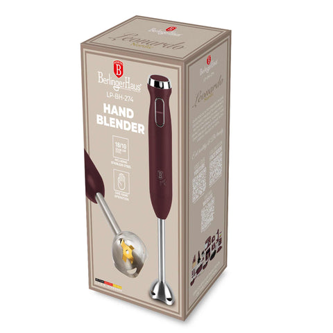 Product image of Hand blender. Part of the Leonardo Collection . Features: • Material: stainless steel, plastic • Voltage: 220-240V 50-60Hz • Power: 800W • Color: matt bordeaux. (Studio view). Official Berlinger Haus product, boosted by Promintra sl.