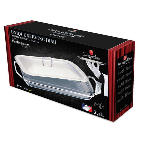Product image of Food warmer rectlange 2,4L. Part of the Eternal Collection . Features: • Material: stainless steel and BOROSILICATE glass • Capacity: 2,4L • GLASS MADE IN FRANCE. (Studio view). Official Berlinger Haus product, boosted by Promintra sl.